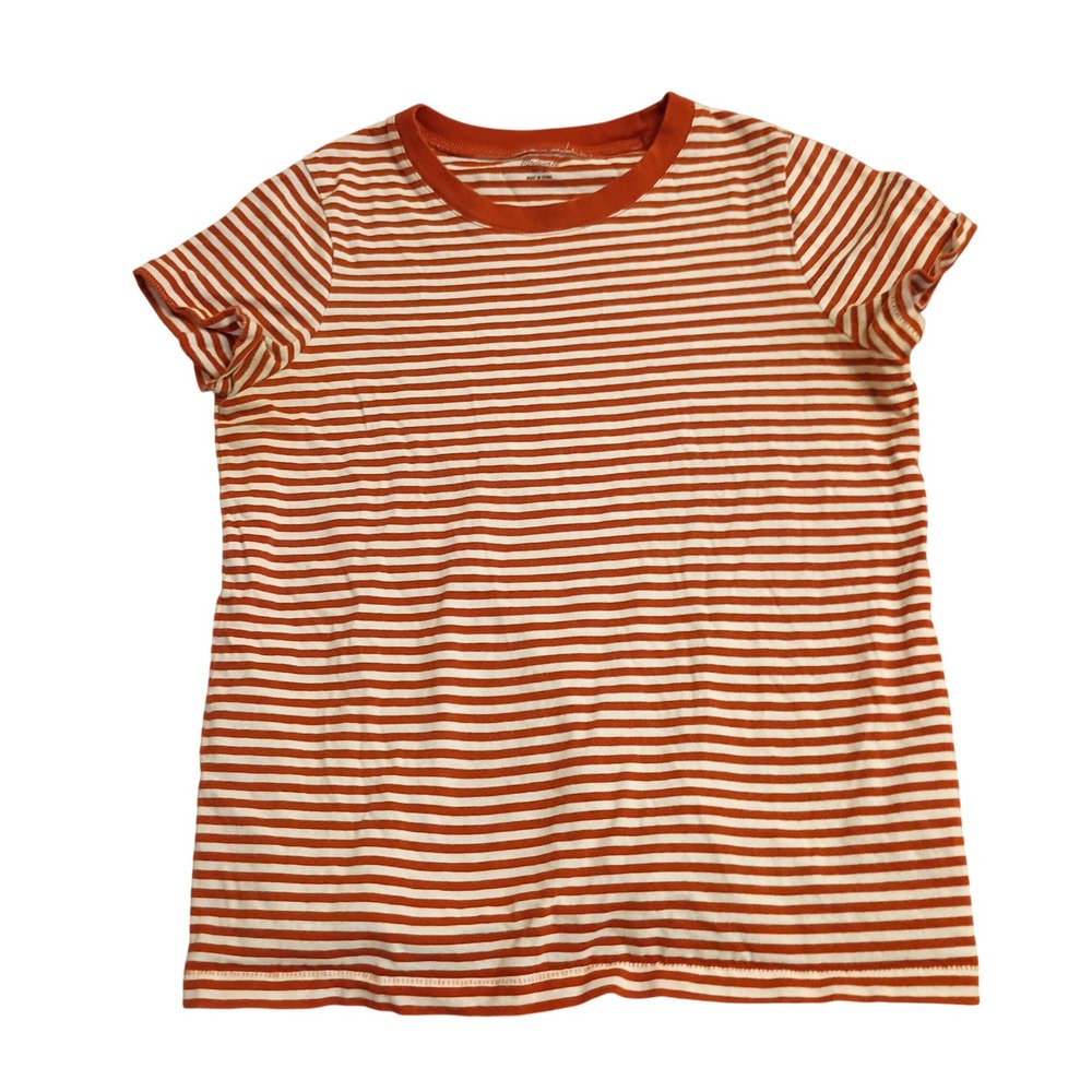 Madewell Striped T-Shirt Womens Small Orange White Short Sleeve Cotton Crew Neck